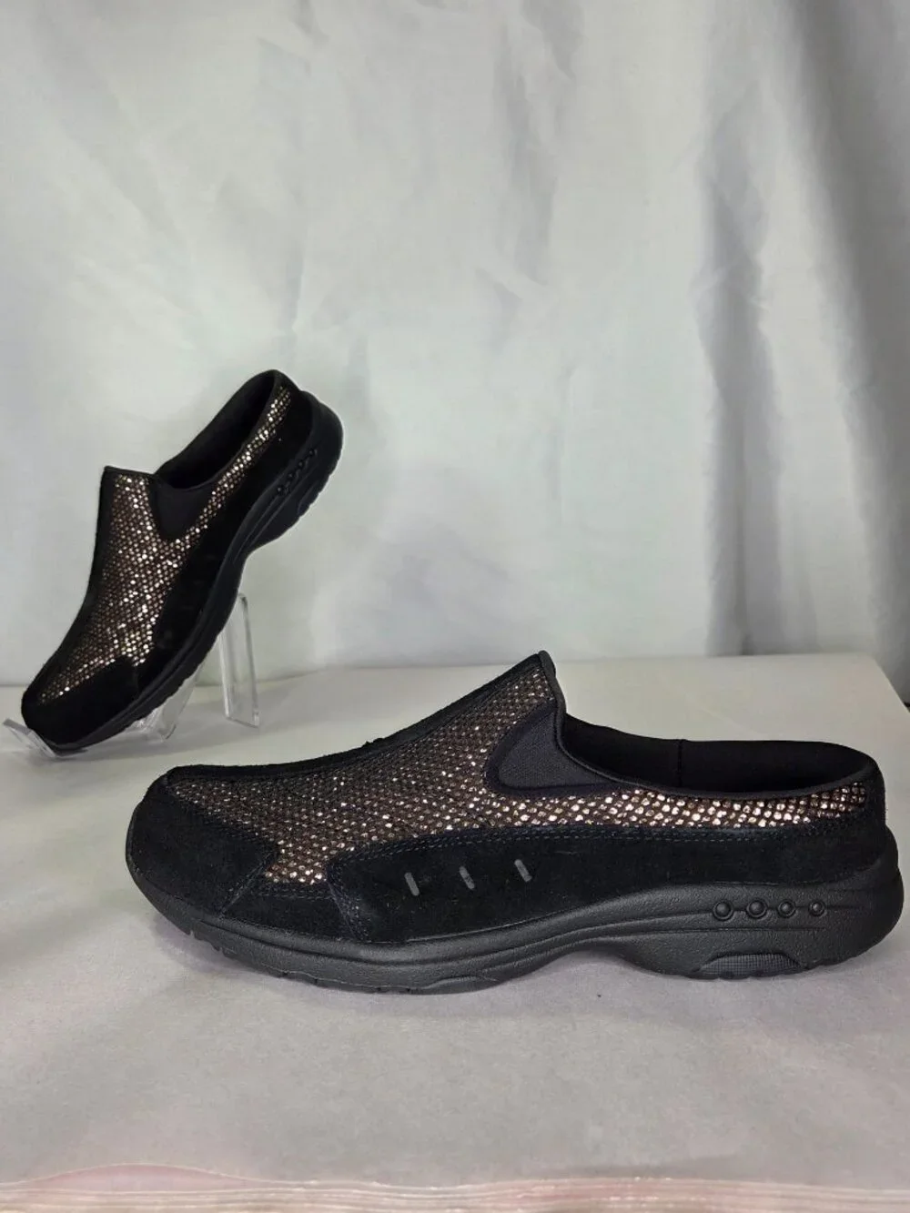 Easy Spirit Traveltime Slip-On Mule Walking Sneakers - Black/Gold Glitter, Size: